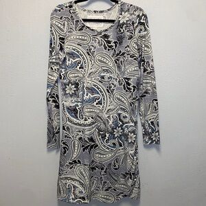 Adventura Organic Cotton Gray White Floral Paisley Empire Boho Cottagecore Dress